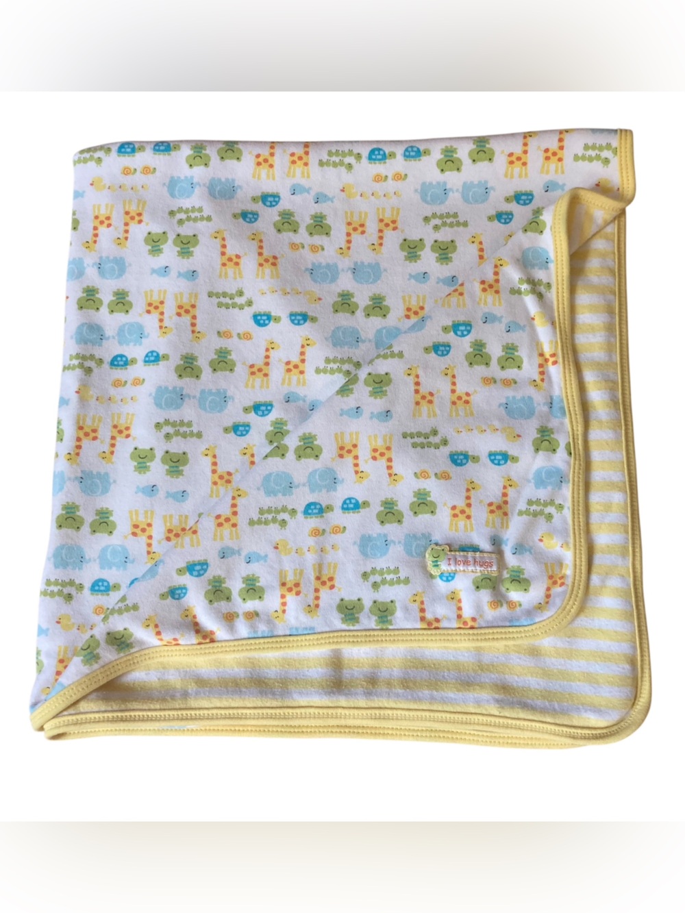 Carters Baby Blanket I Love Hugs‎ Zoo Animals Stripes Yellow Green 26 x 27.